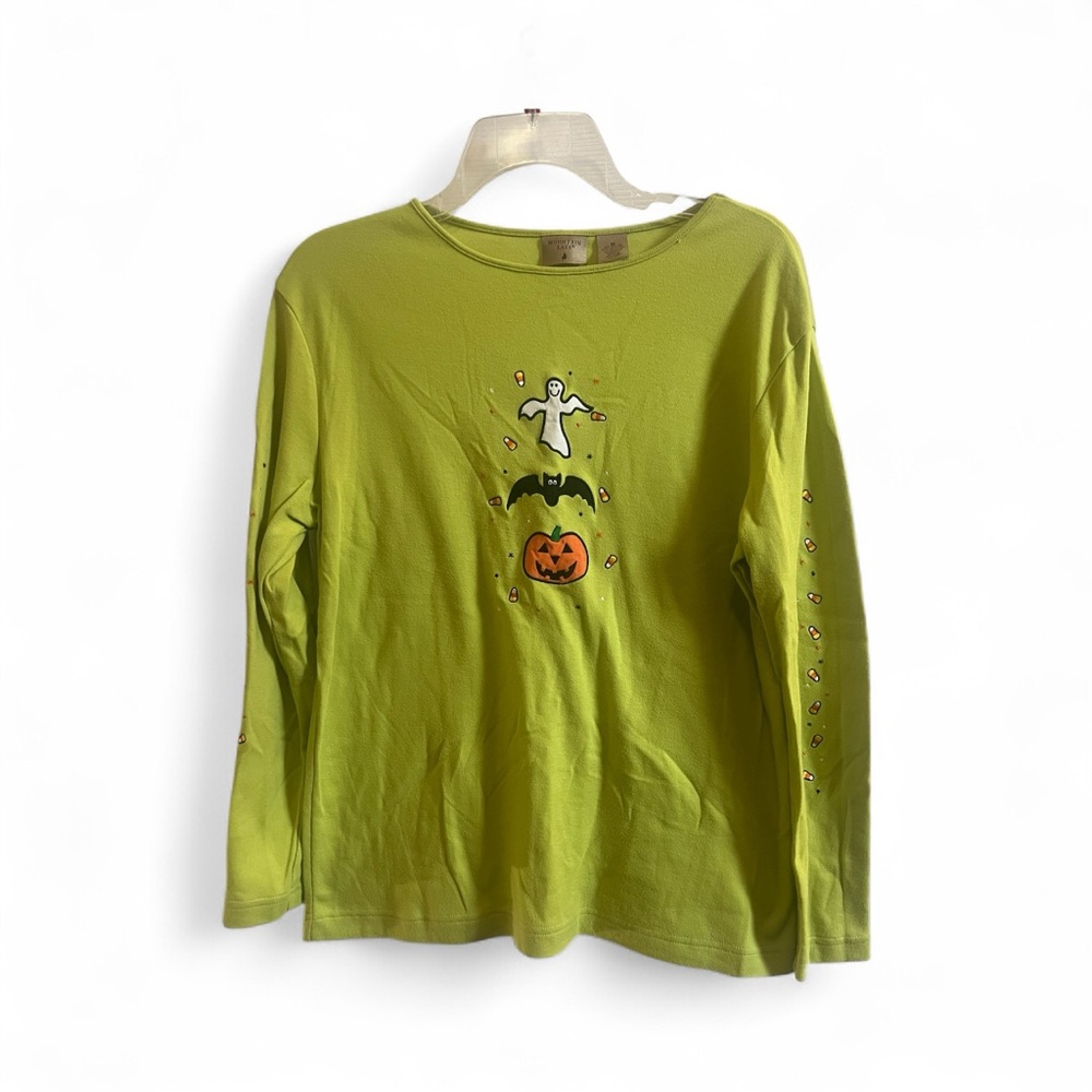 Mountain Lake Halloween Ghost Bat Pumpkin Candy Corn Long Sleeve Tee Green M - Picture 2 of 5